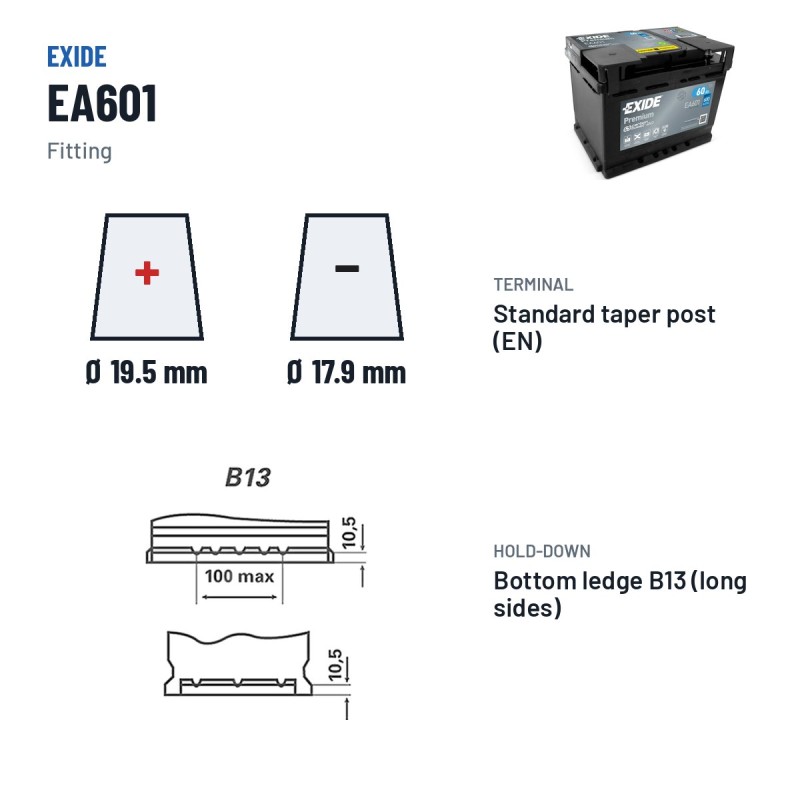 Autobatterie Exide EA601 12V 60Ah 600A – Pole und Befestigung