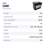 Autobatterie Exide EA601 12V 60Ah 600A – technische Daten