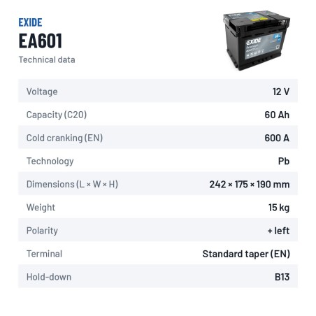 Batteria auto Exide EA601 12V 60Ah 600A – scheda tecnica
