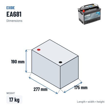 Bateria de carro Exide EA681 12V 68Ah 650A – medidas 277 × 175 × 190 mm