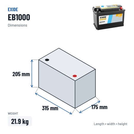 Batterie voiture Exide EB1000 12V 100Ah 720A – dimensions 315 × 175 × 205 mm