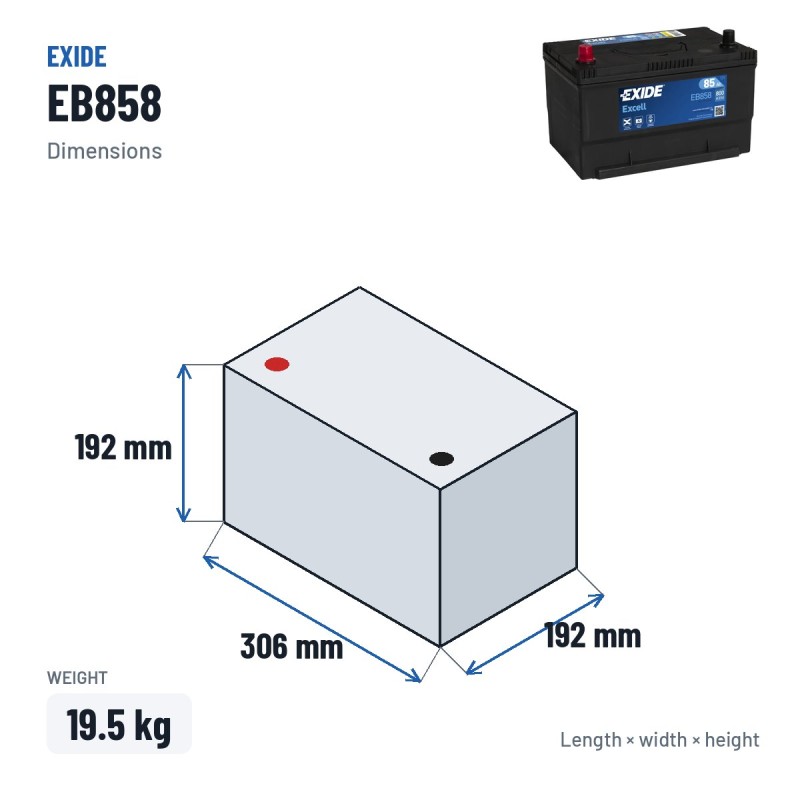 Bateria de carro Exide EB858 12V 85Ah 800A – medidas 306 × 192 × 192 mm