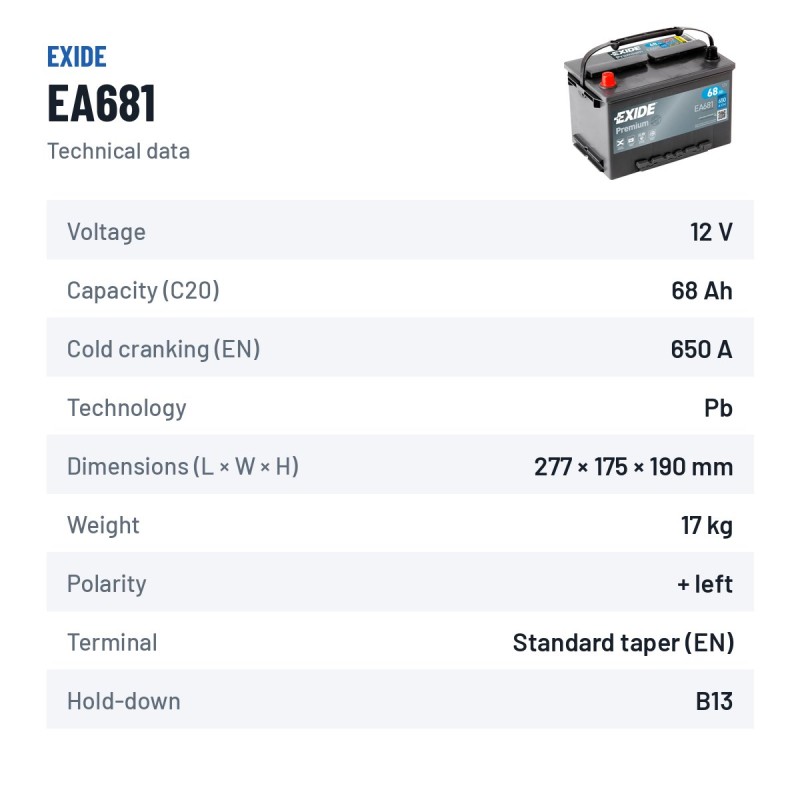 Batterie voiture Exide EA681 12V 68Ah 650A – fiche technique