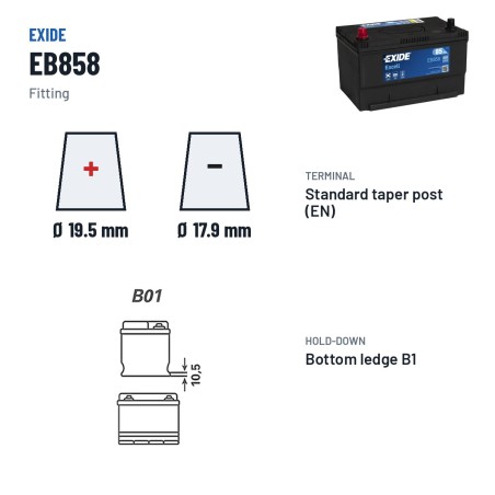 Bateria de carro Exide EB858 12V 85Ah 800A – terminal e fixação