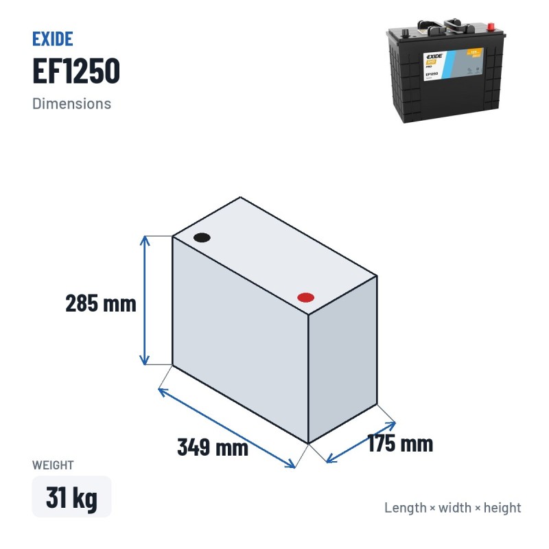 Batería de camión Exide EF1250 12V 125Ah 850A – medidas 349 × 175 × 285 mm
