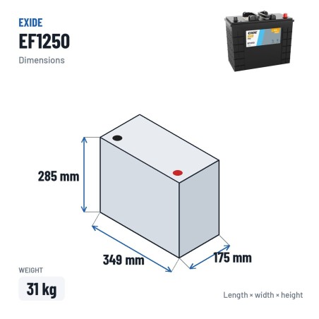 Batterie camion Exide EF1250 12V 125Ah 850A – dimensions 349 × 175 × 285 mm