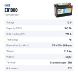 Batterie voiture Exide EB1000 12V 100Ah 720A – fiche technique