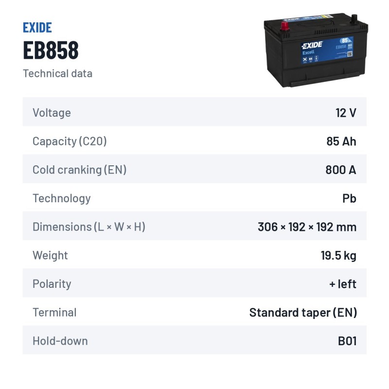 Batteria auto Exide EB858 12V 85Ah 800A | baterias.com