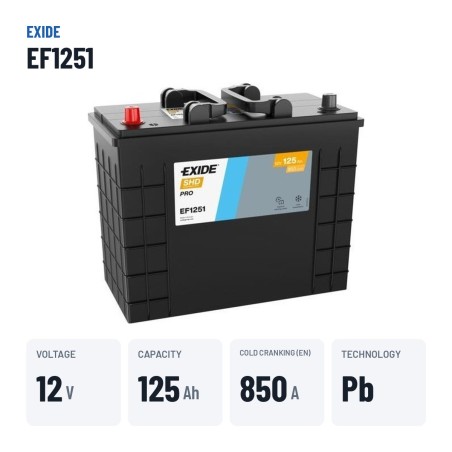 Bateria de camião Exide EF1251 12V 125Ah 850A – dados principais