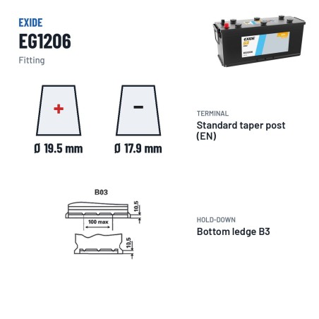 Truck battery Exide EG1206 12V 120Ah 680A – terminal and hold-down