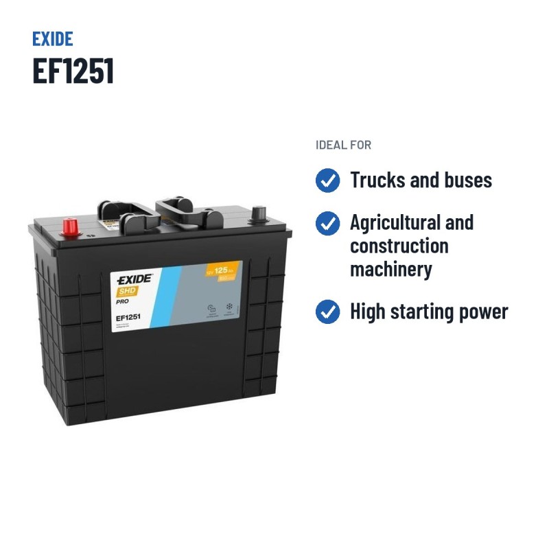 Bateria de camião Exide EF1251 12V 125Ah 850A – utilizações recomendadas