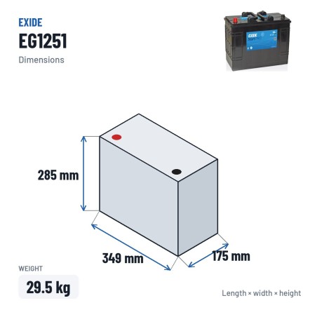 Batterie camion Exide EG1251 12V 125Ah 760A – dimensions 349 × 175 × 285 mm