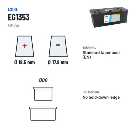 Batteria camion Exide EG1353 12V 135Ah 1000A – terminali e fissaggio