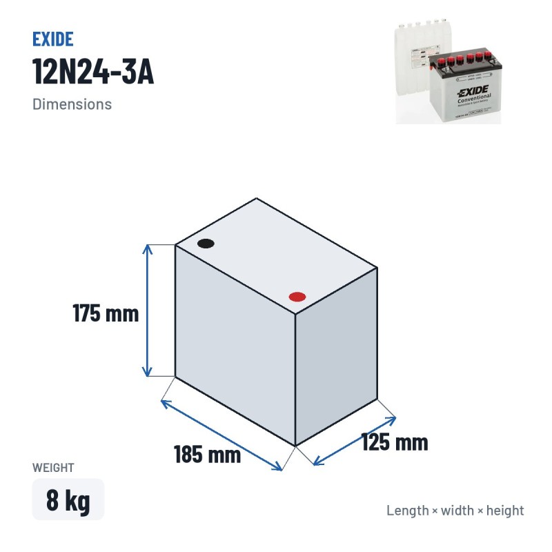 Motorcycle battery Exide 12N24-3A 12V 24Ah 220A – dimensions 185 × 125 × 175 mm