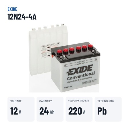 Bateria de mota Exide 12N24-4A 12V 24Ah 220A – dados principais