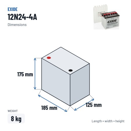 Bateria de mota Exide 12N24-4A 12V 24Ah 220A – medidas 185 × 125 × 175 mm
