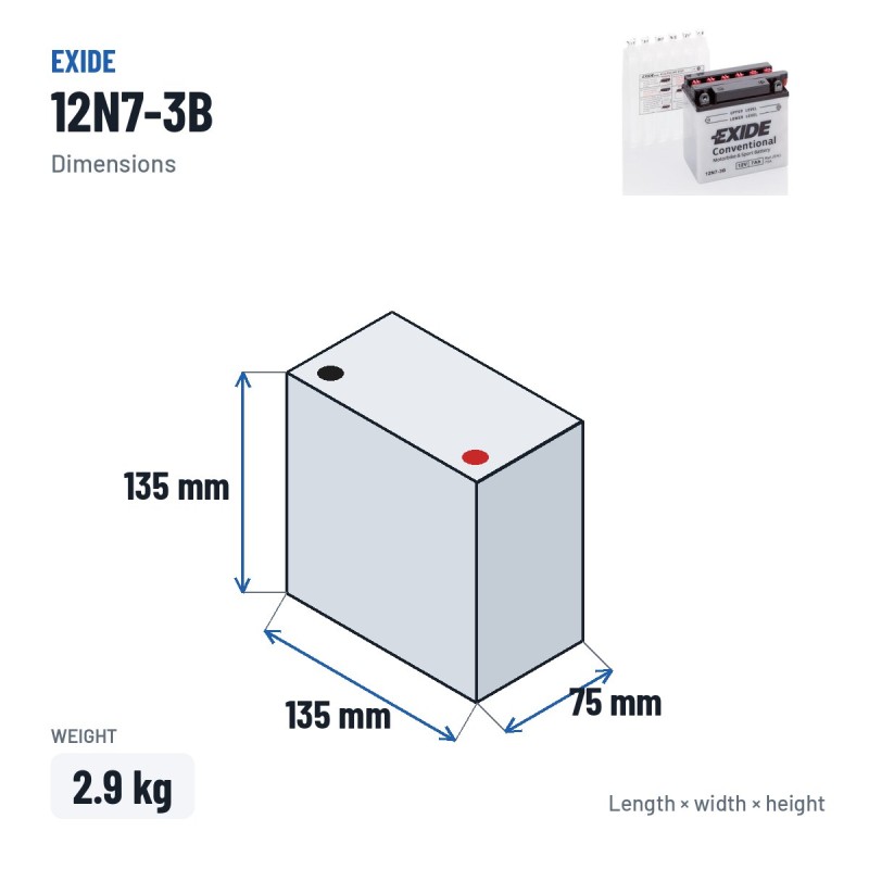 Motorradbatterie Exide 12N7-3B 12V 7Ah 75A – Abmessungen 135 × 75 × 135 mm