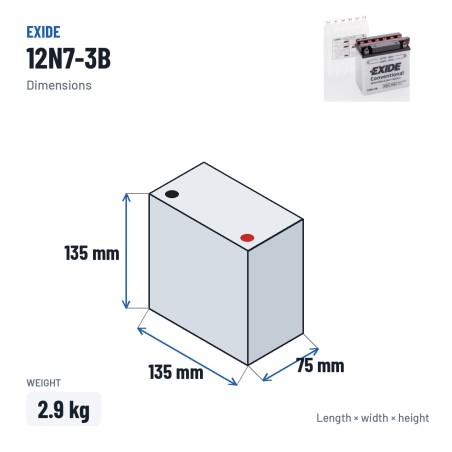Motorradbatterie Exide 12N7-3B 12V 7Ah 75A – Abmessungen 135 × 75 × 135 mm