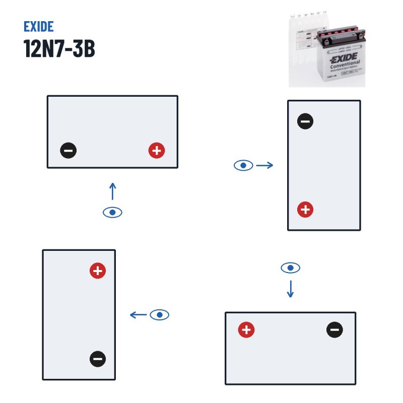 Motorradbatterie Exide 12N7-3B 12V 7Ah 75A – Polarität (Schaltung 0, + rechts)
