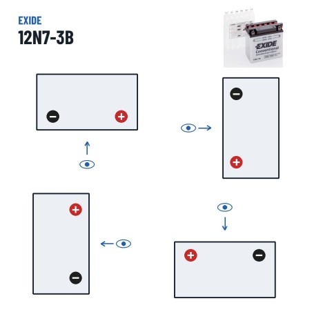 Motorradbatterie Exide 12N7-3B 12V 7Ah 75A – Polarität (Schaltung 0, + rechts)