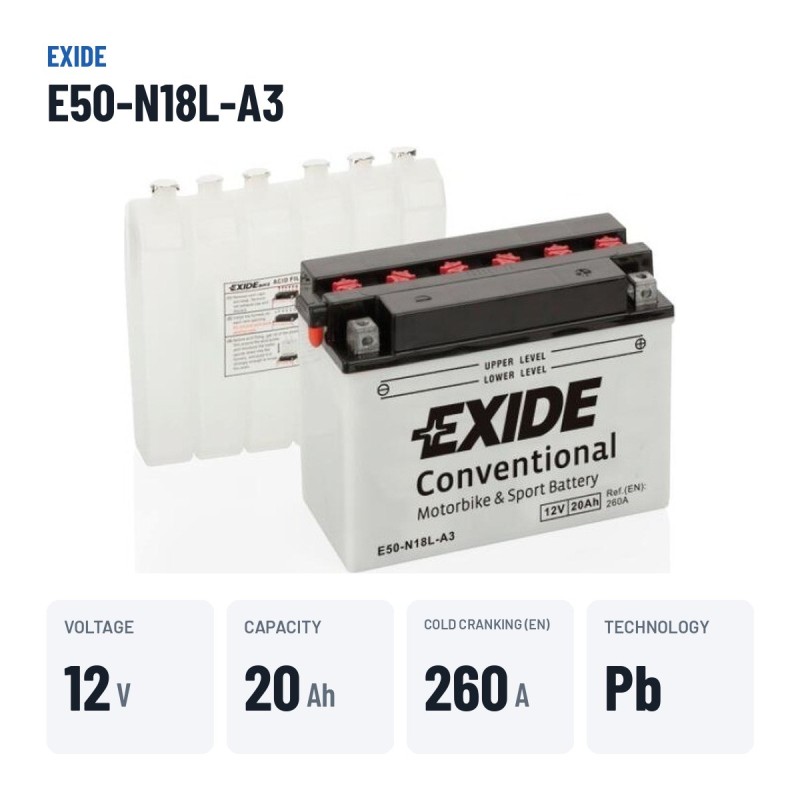 Motorcycle battery Exide E50-N18L-A3 12V 20Ah 260A – key specs