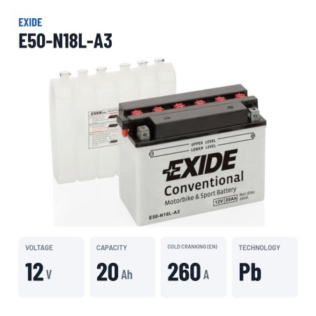 Motorcycle battery Exide E50-N18L-A3 12V 20Ah 260A – key specs