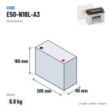 Motorcycle battery Exide E50-N18L-A3 12V 20Ah 260A – dimensions 205 × 90 × 165 mm