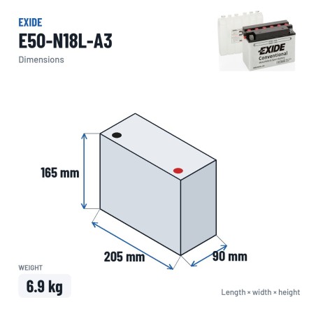 Motorcycle battery Exide E50-N18L-A3 12V 20Ah 260A – dimensions 205 × 90 × 165 mm