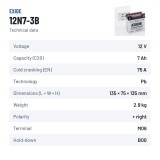 Motorradbatterie Exide 12N7-3B 12V 7Ah 75A – technische Daten