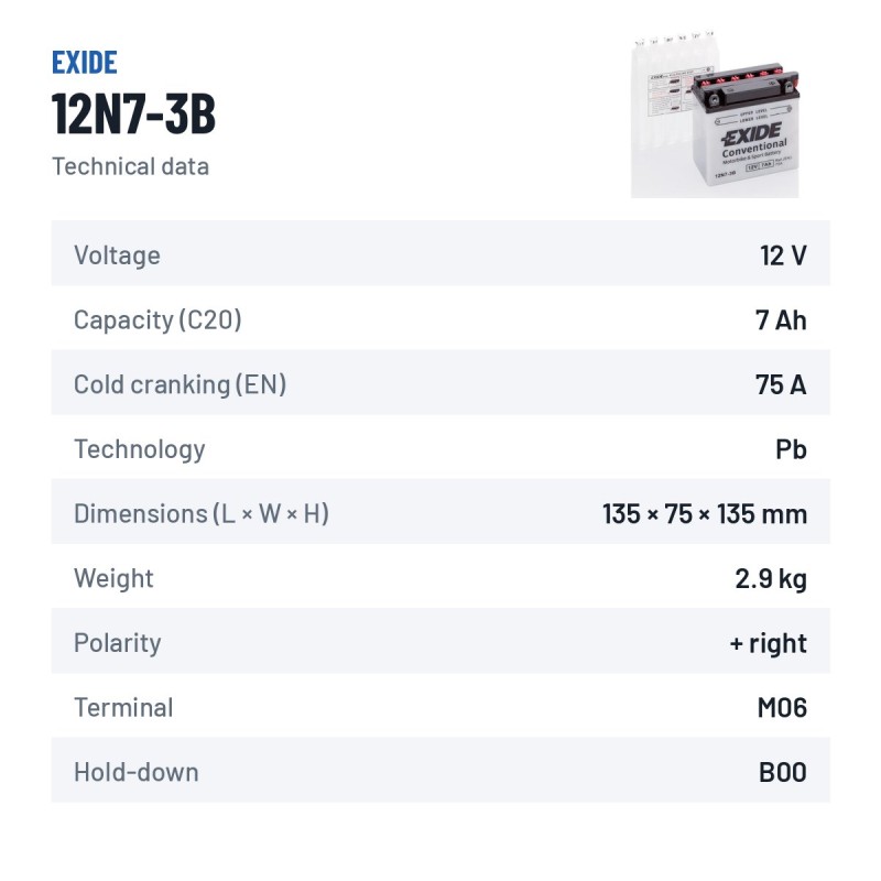 Batteria moto Exide 12N7-3B 12V 7Ah 75A – scheda tecnica