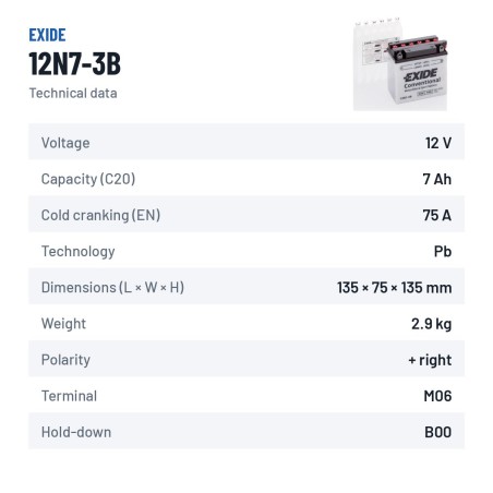 Motorradbatterie Exide 12N7-3B 12V 7Ah 75A – technische Daten