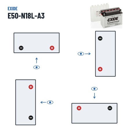 Batería de moto Exide E50-N18L-A3 12V 20Ah 260A – polaridad (esquema 0, + derecha)