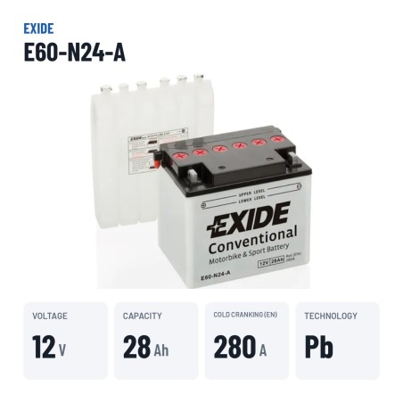 Bateria de mota Exide E60-N24-A 12V 28Ah 280A – dados principais