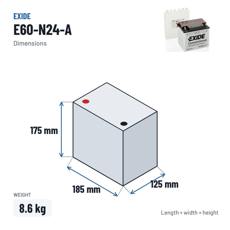 Batteria moto Exide E60-N24-A 12V 28Ah 280A – dimensioni 185 × 125 × 175 mm