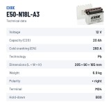 Motorcycle battery Exide E50-N18L-A3 12V 20Ah 260A – technical data