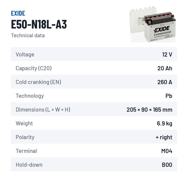 Motorcycle battery Exide E50-N18L-A3 12V 20Ah 260A – technical data