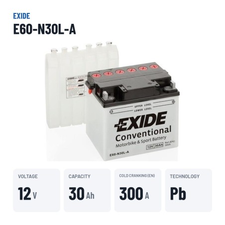 Bateria de mota Exide E60-N30L-A 12V 30Ah 300A – dados principais