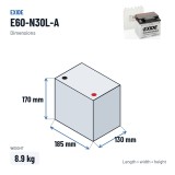 Bateria de mota Exide E60-N30L-A 12V 30Ah 300A – medidas 185 × 130 × 170 mm