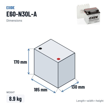 Bateria de mota Exide E60-N30L-A 12V 30Ah 300A – medidas 185 × 130 × 170 mm