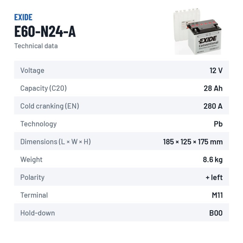 Bateria de mota Exide E60-N24-A 12V 28Ah 280A – ficha técnica