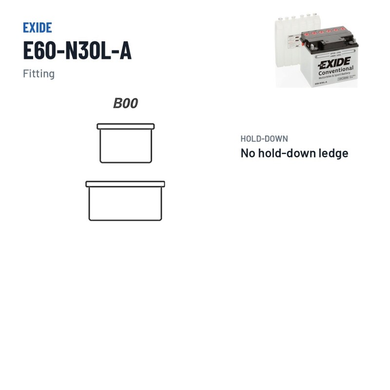 Motorradbatterie Exide E60-N30L-A 12V 30Ah 300A – Pole und Befestigung