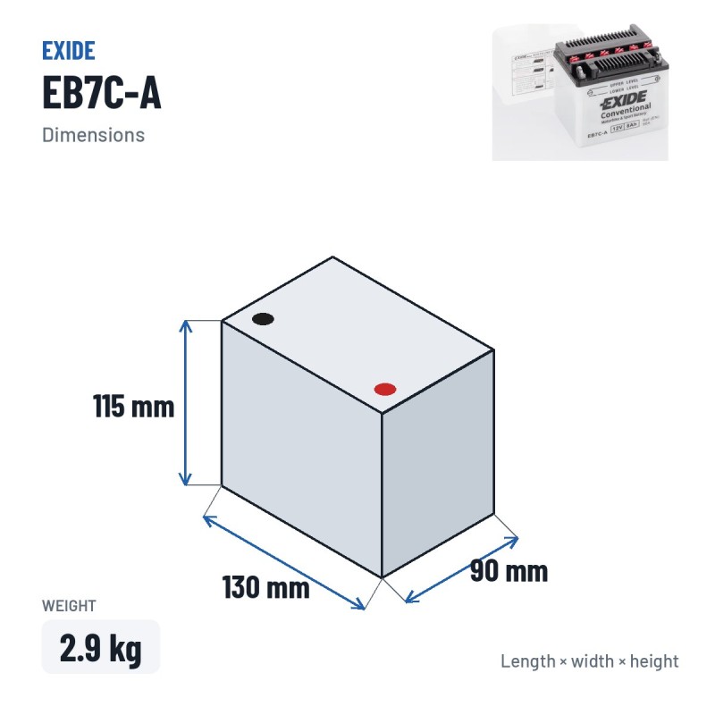 Batterie moto Exide EB7C-A 12V 8Ah 90A – dimensions 130 × 90 × 115 mm