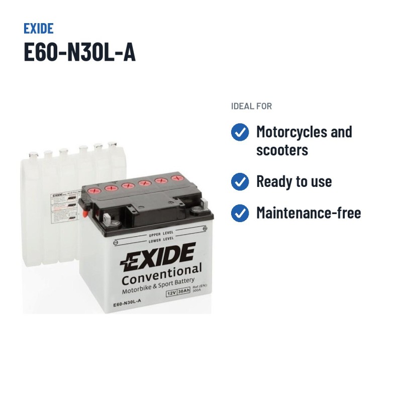 Bateria de mota Exide E60-N30L-A 12V 30Ah 300A – utilizações recomendadas