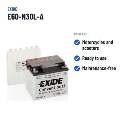 Bateria de mota Exide E60-N30L-A 12V 30Ah 300A – utilizações recomendadas