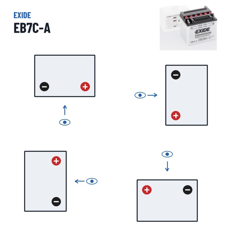 Batterie moto Exide EB7C-A 12V 8Ah 90A – polarité (schéma 0, + à droite)