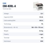 Bateria de mota Exide E60-N30L-A 12V 30Ah 300A – ficha técnica