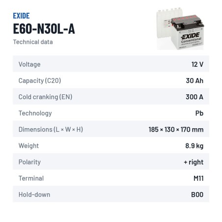 Bateria de mota Exide E60-N30L-A 12V 30Ah 300A – ficha técnica