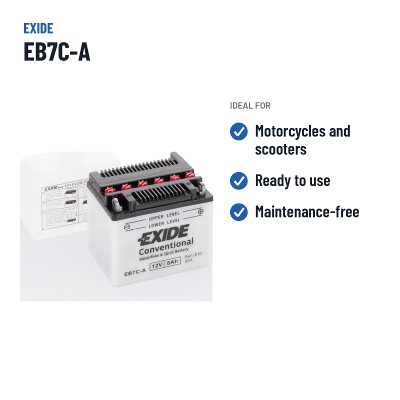 Batterie moto Exide EB7C-A 12V 8Ah 90A – utilisations recommandées