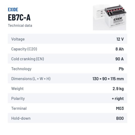 Batterie moto Exide EB7C-A 12V 8Ah 90A – fiche technique