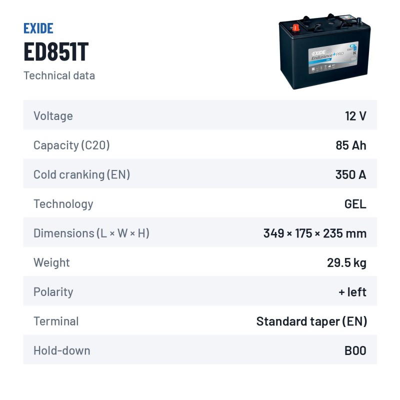 Batterie camion Exide ED851T 12V 85Ah 350A GEL – fiche technique